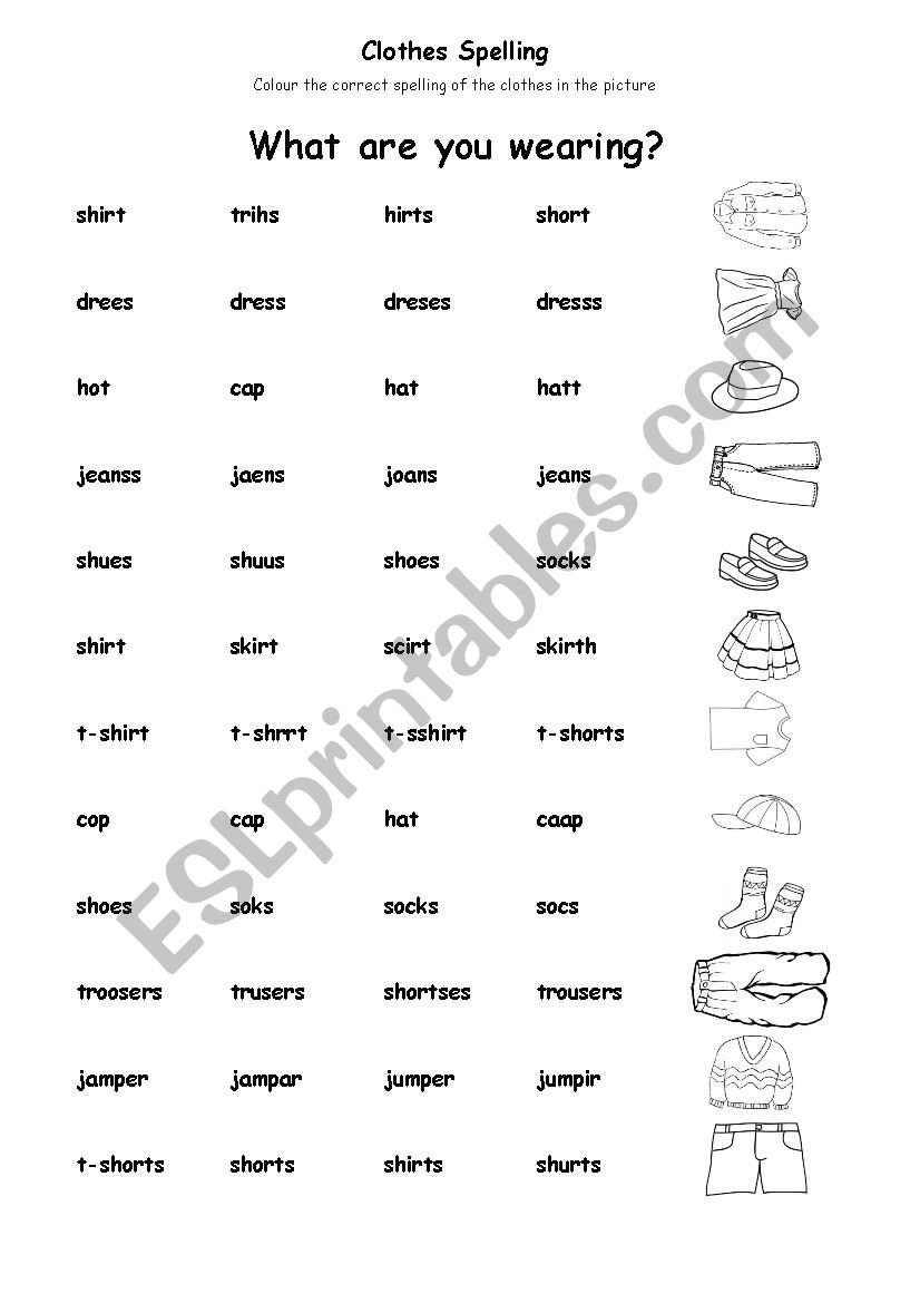 Spelling clothes worksheet