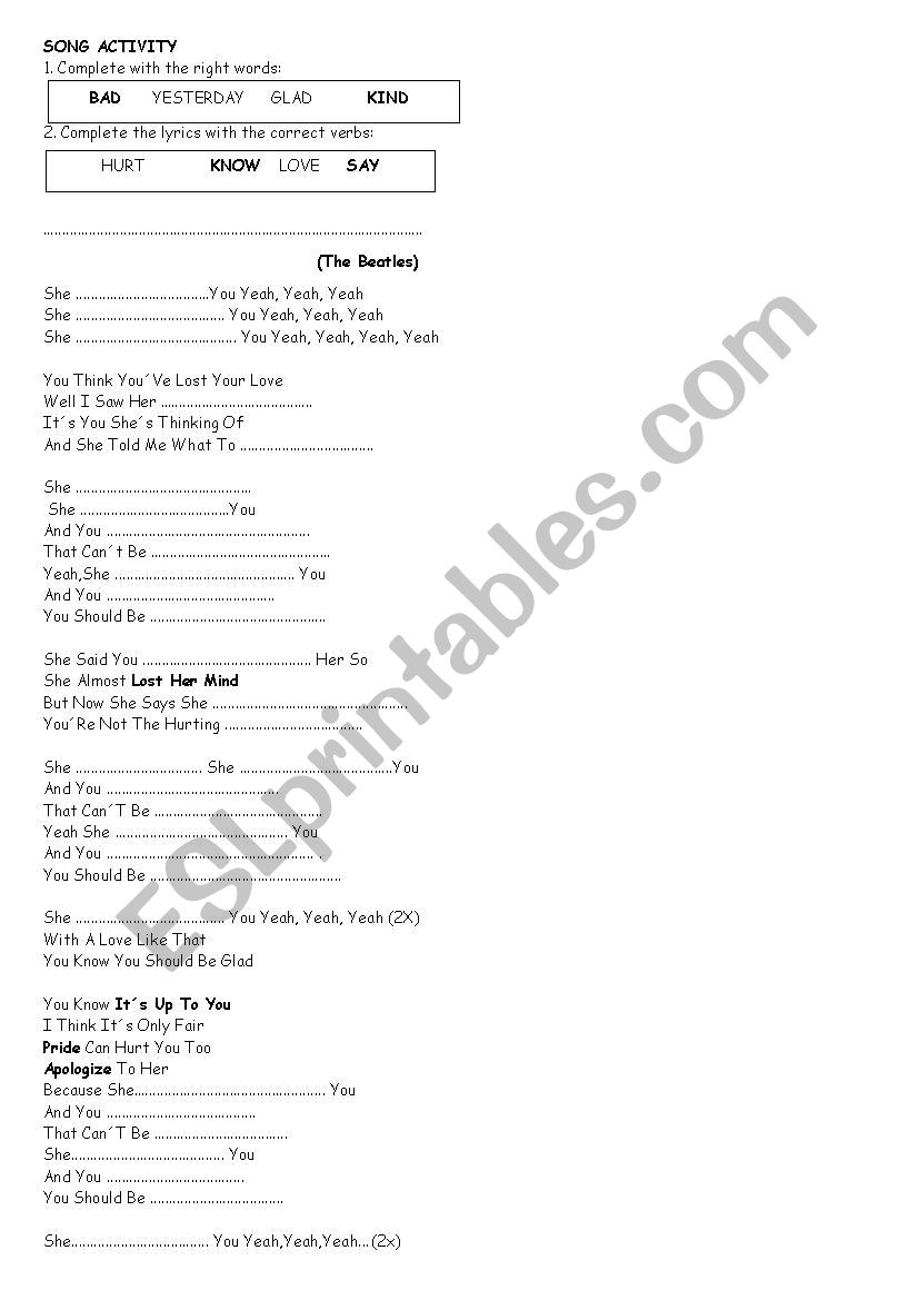 She loves you worksheet