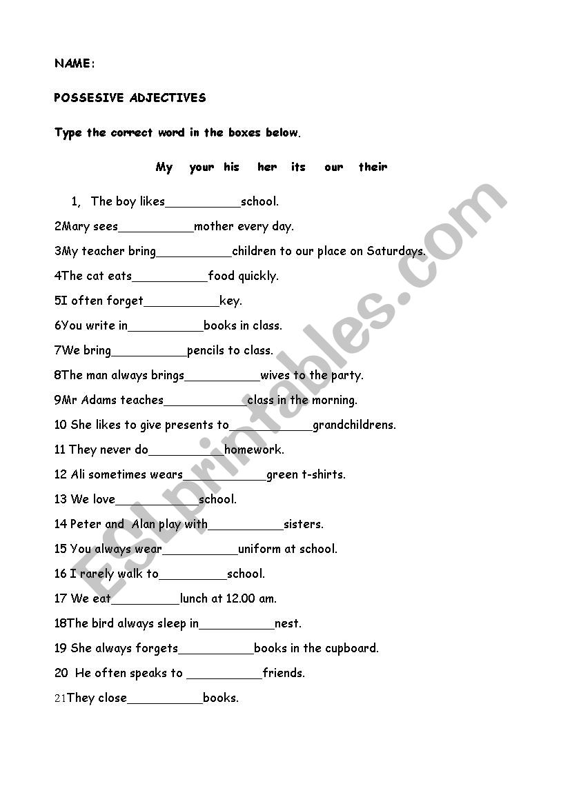 Possessive adjectives worksheet