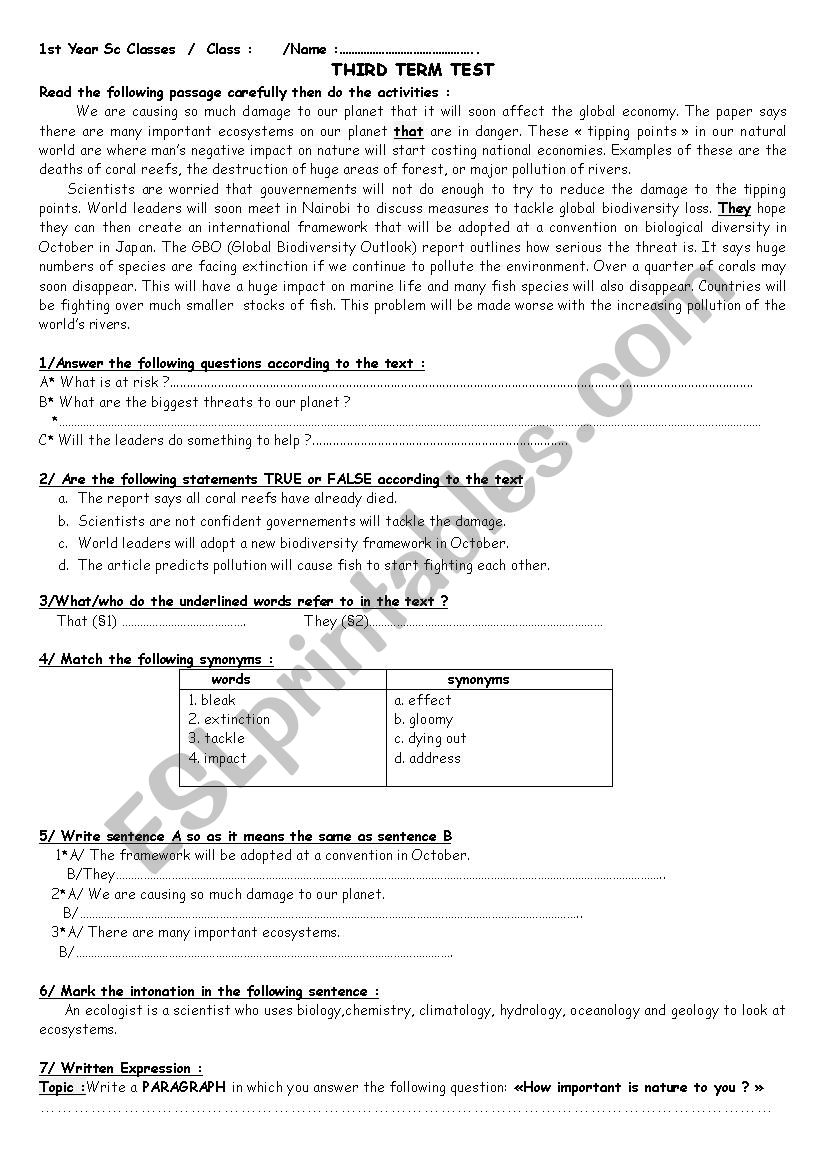 Third term exam worksheet