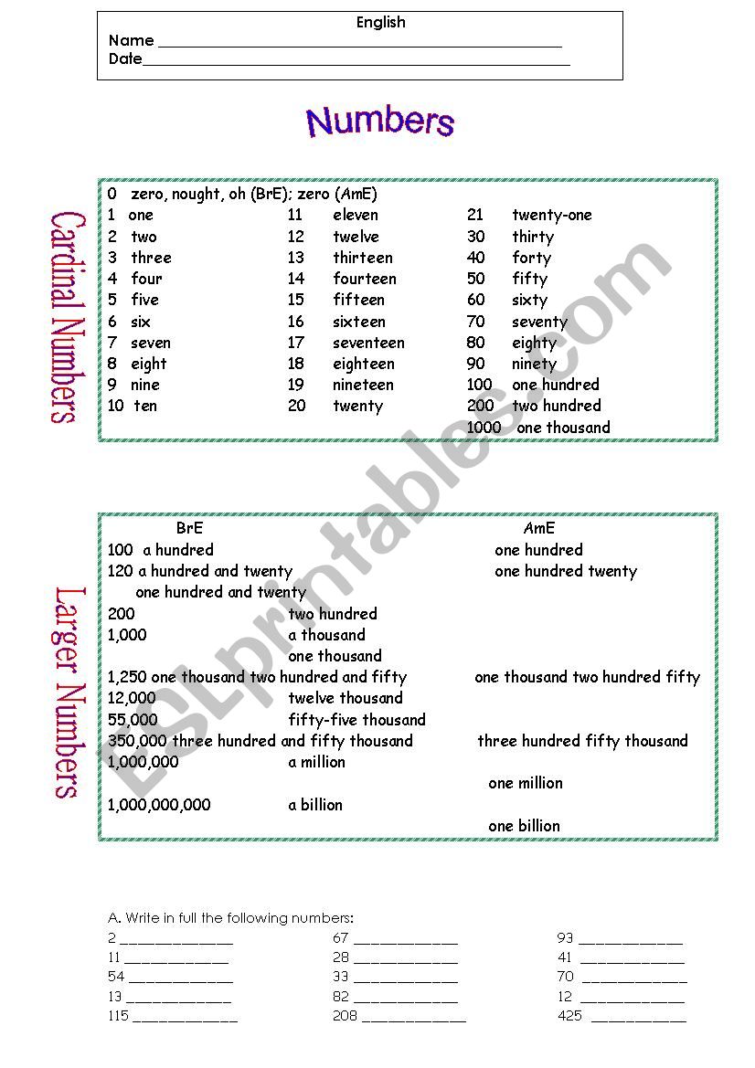 cardinal and ordinal numbers worksheet