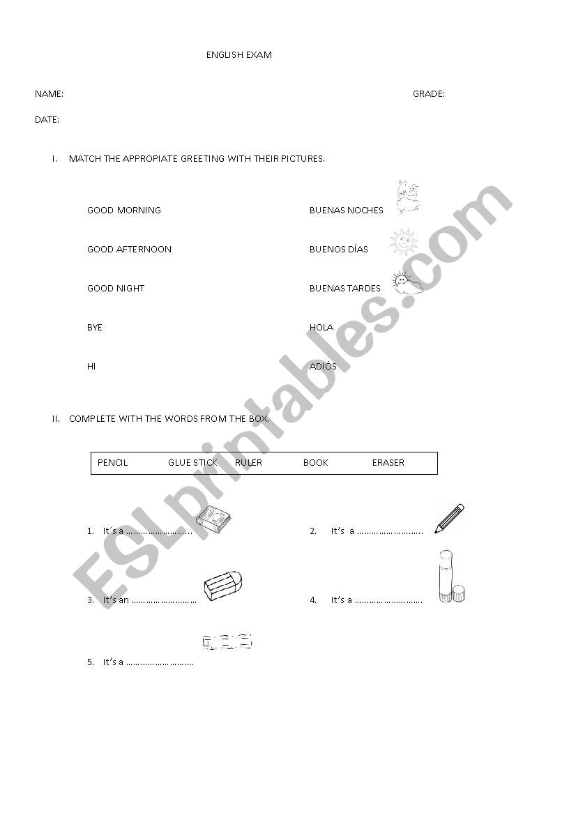 Greeting and school supplies exam
