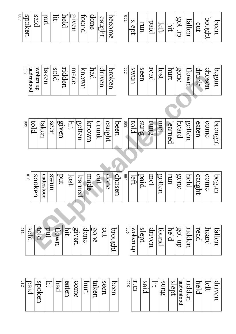 BINGO irregular verbs present perfect