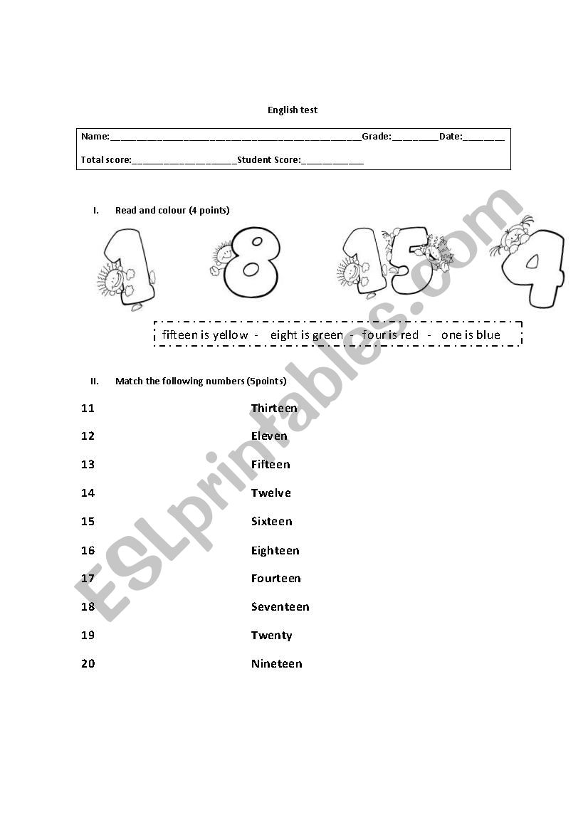 test number 1-20 worksheet