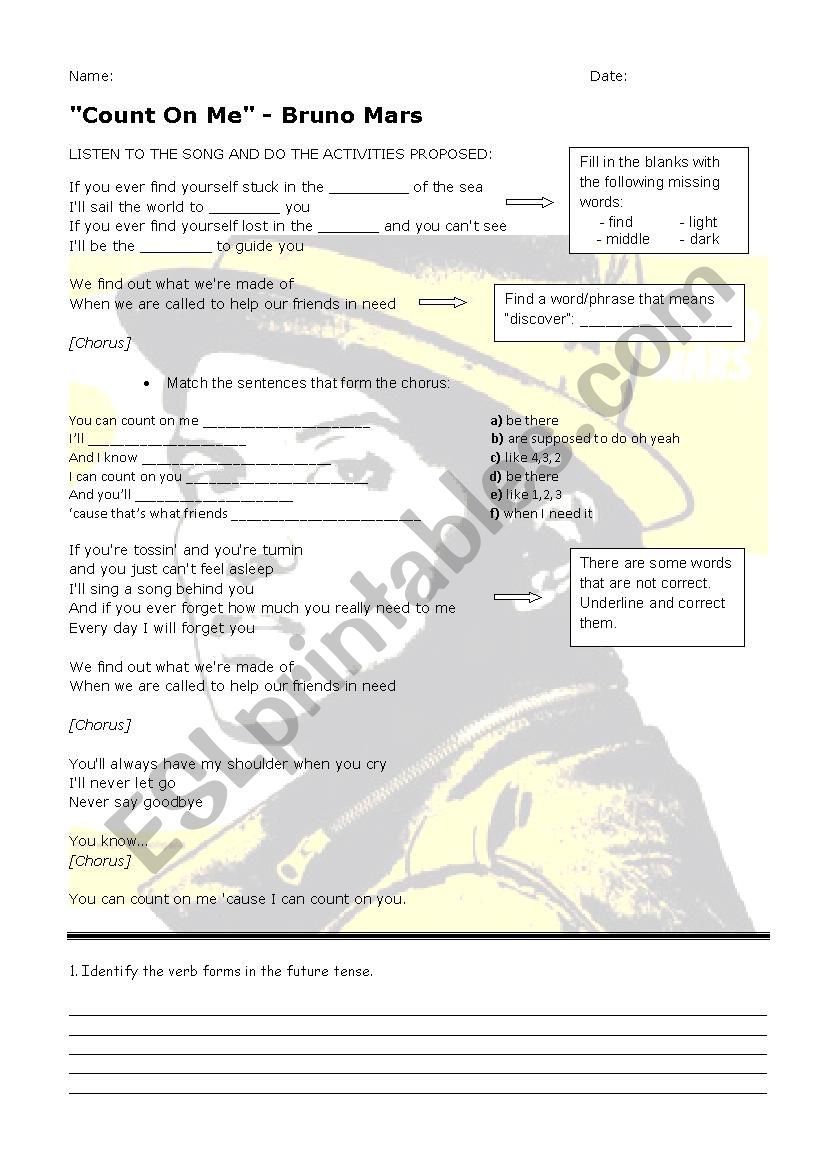 Count on Me by Bruno Mars. Song worksheet.