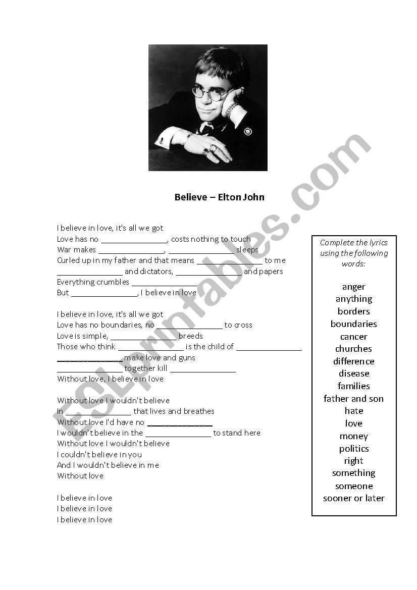 Believe - Elton John worksheet