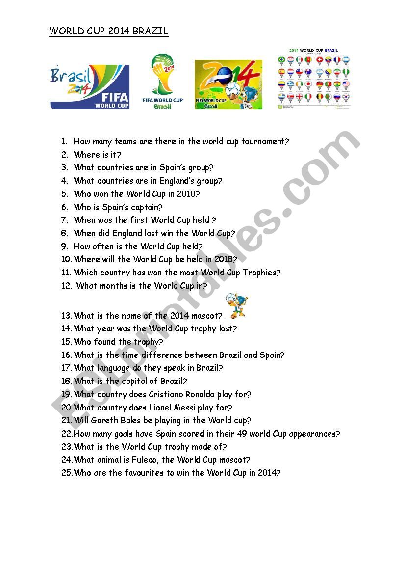 WORLD CUP 2014 Questions worksheet