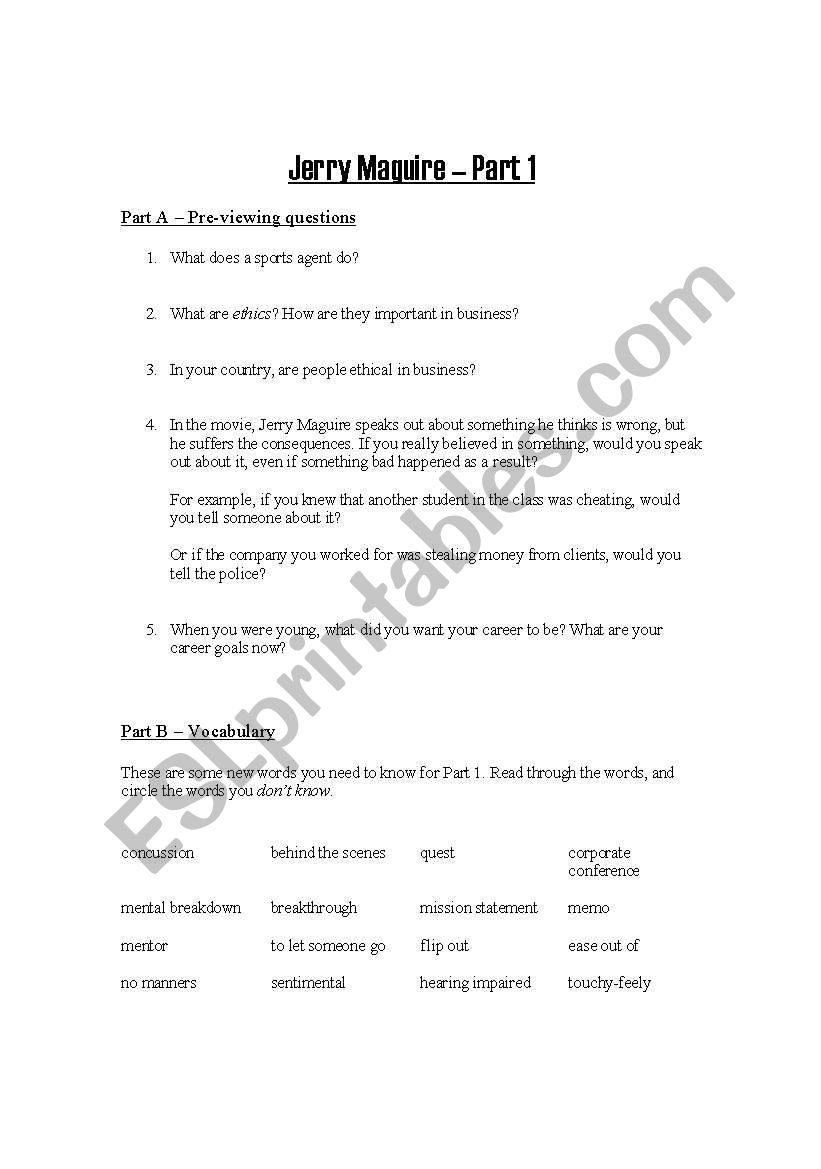 Jerry Maguire - Parts 1 and 2 worksheet