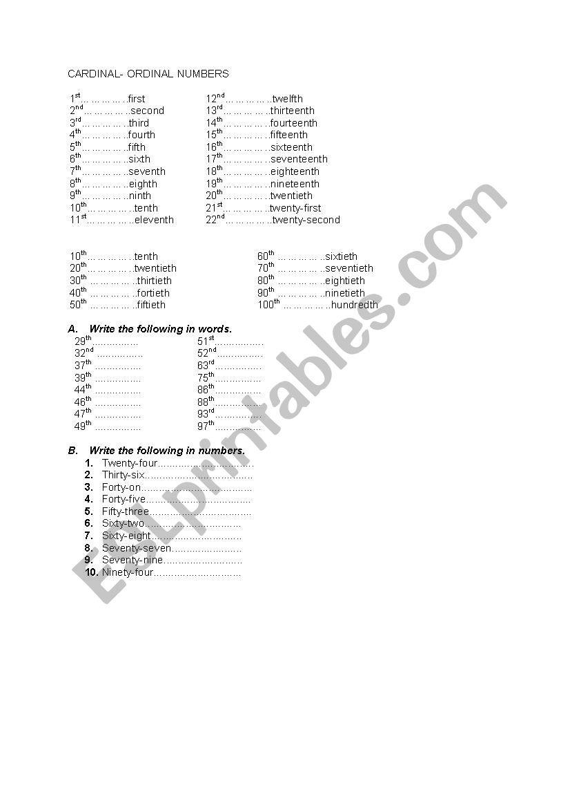 ordinal-cardinal numbers worksheet