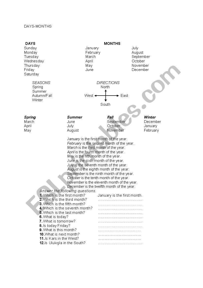 months-days worksheet