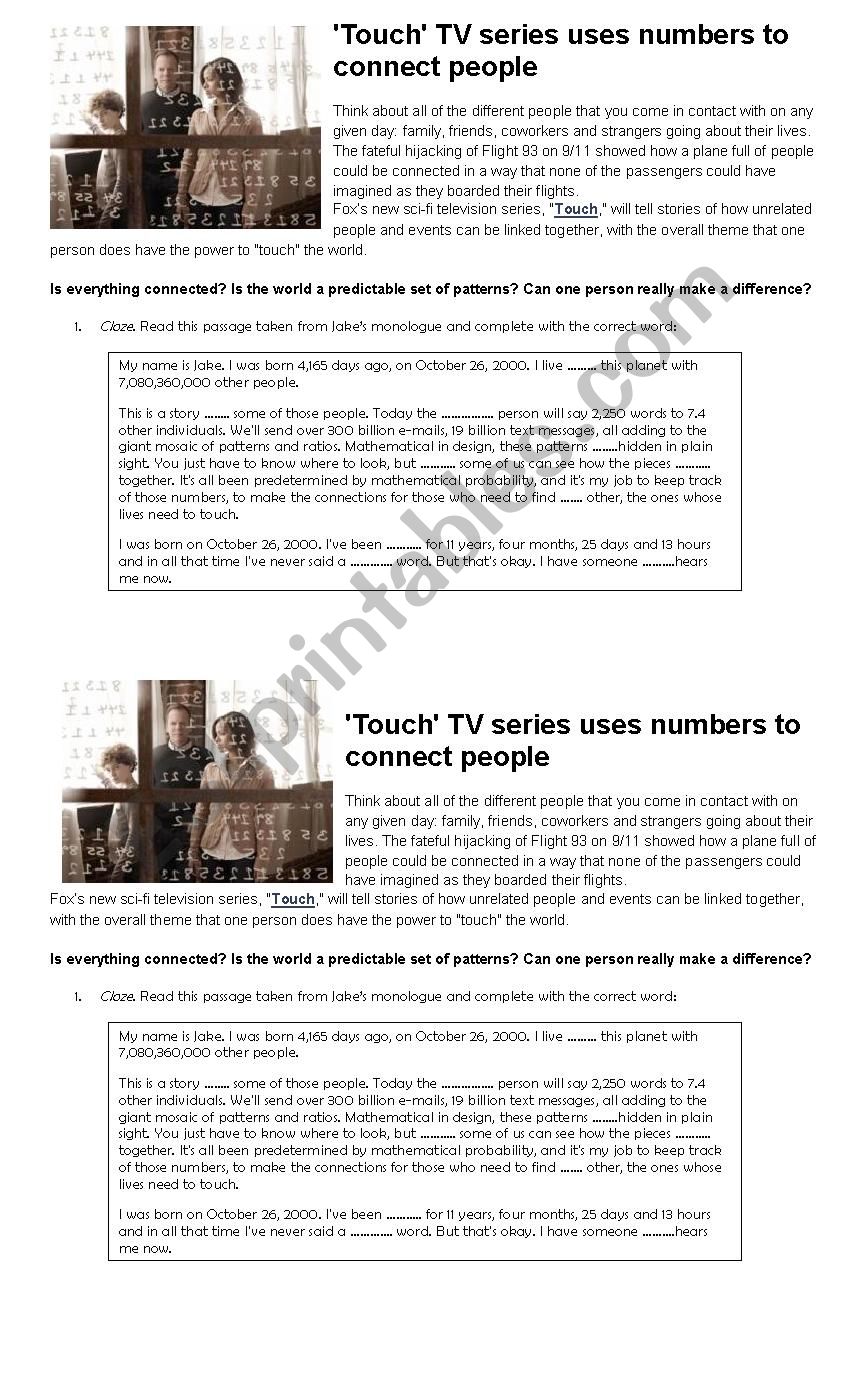 TOUCH Tv series worksheet