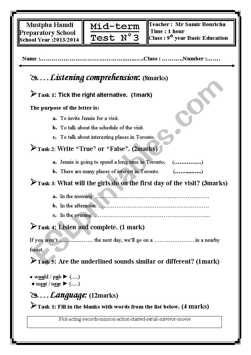 9th mid term test 2 worksheet