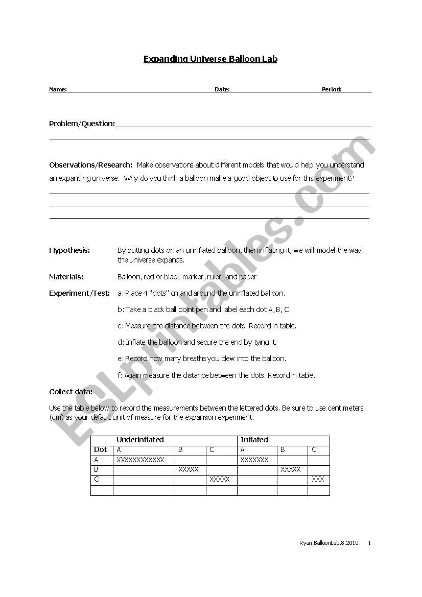 Big Bang Balloon Lab worksheet