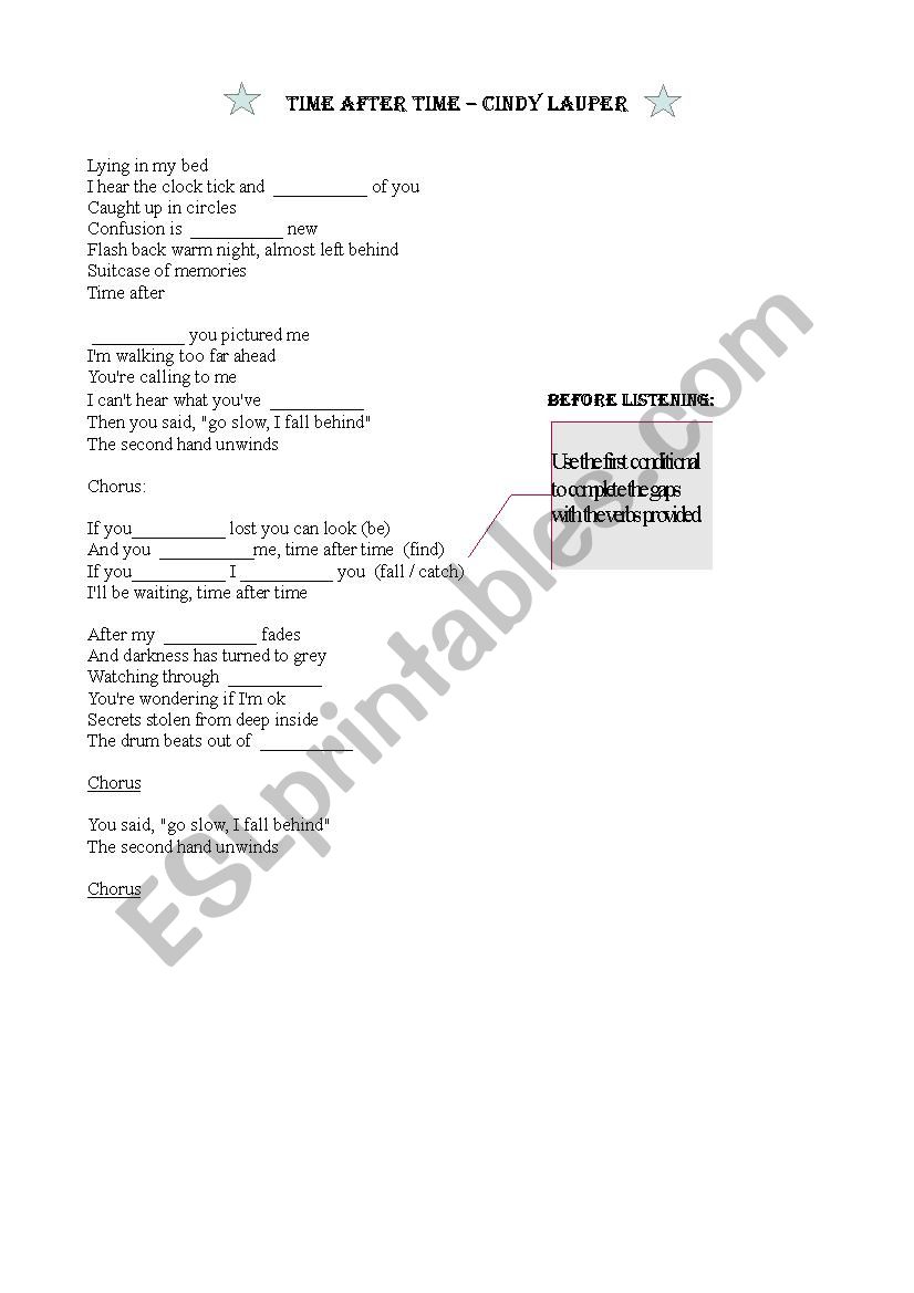 Song activity - Time after time by Cyndi Lauper (First conditional)