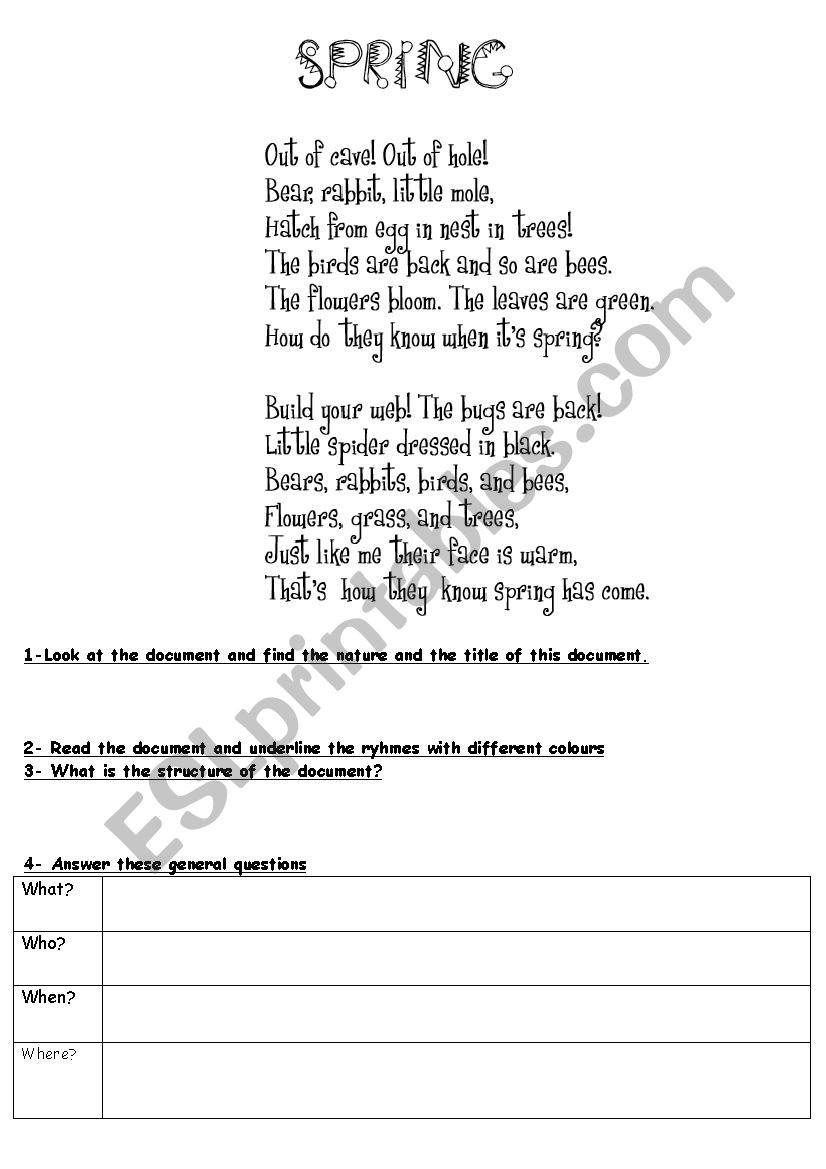 Spring poem worksheet