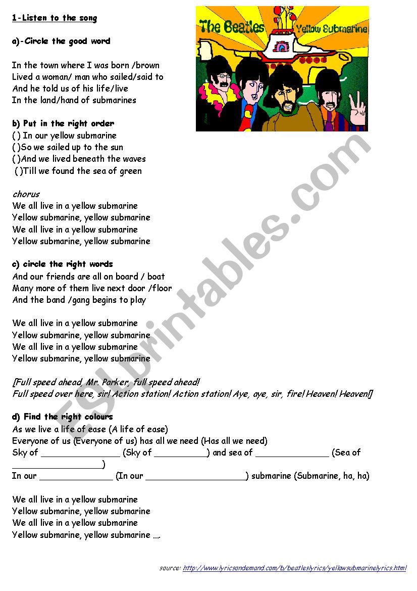 Yellow submarine song worksheet