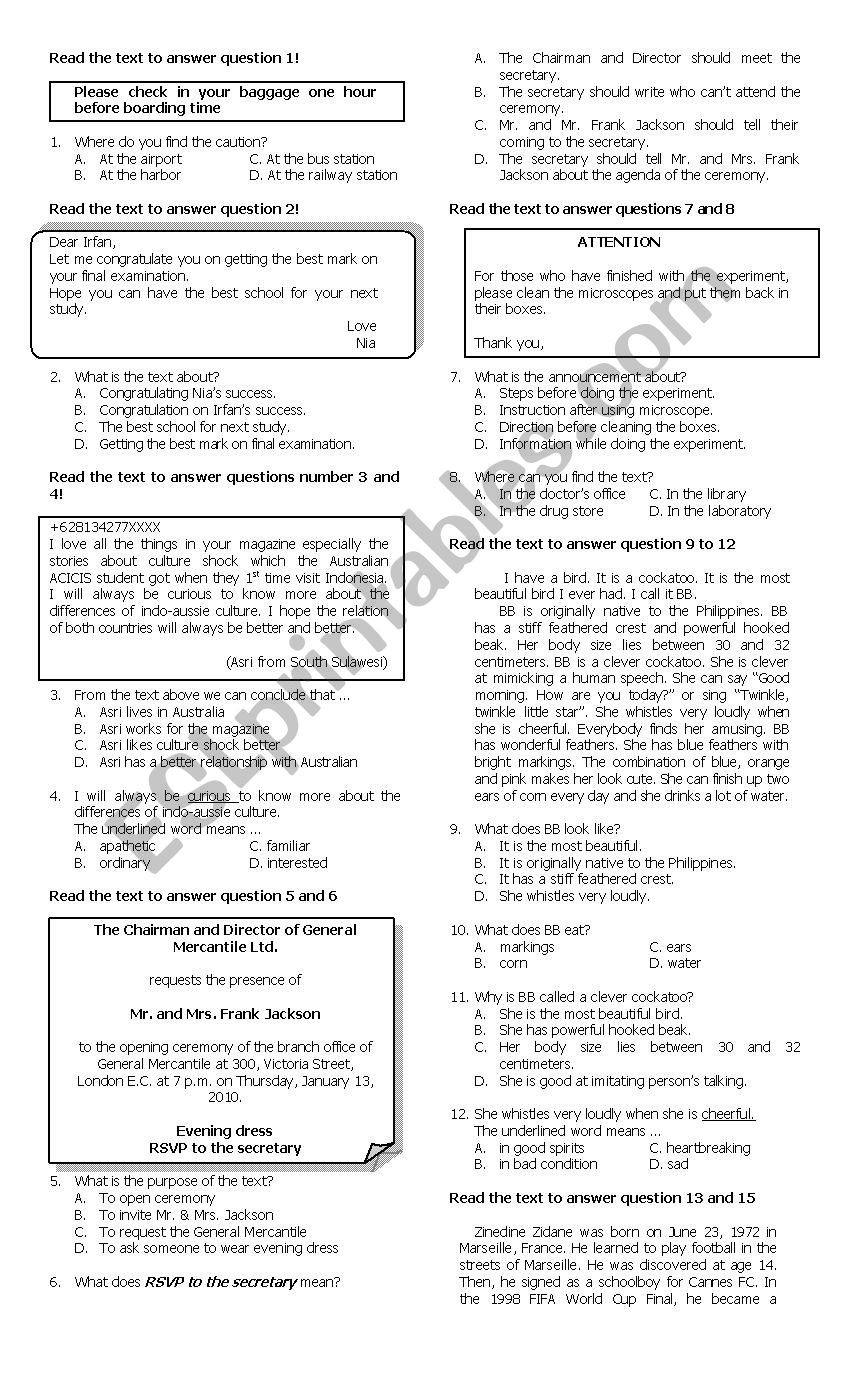 Test for Junior High School worksheet