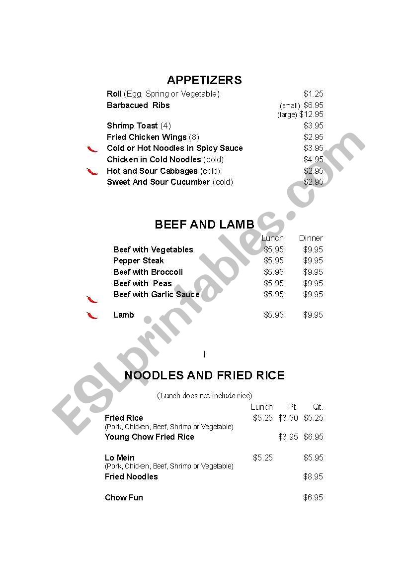 Chinese menu worksheet