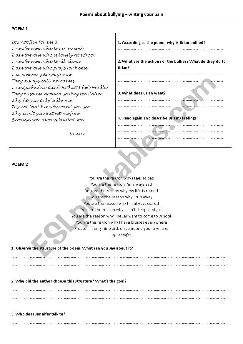 Poems about bullying worksheet