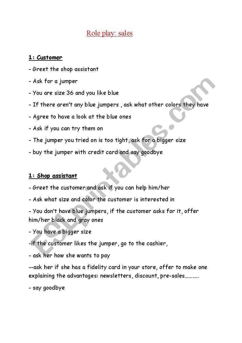 role-play shopping worksheet