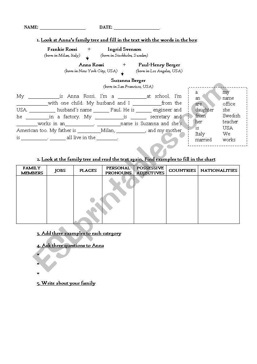 Diagnostic test for adults worksheet