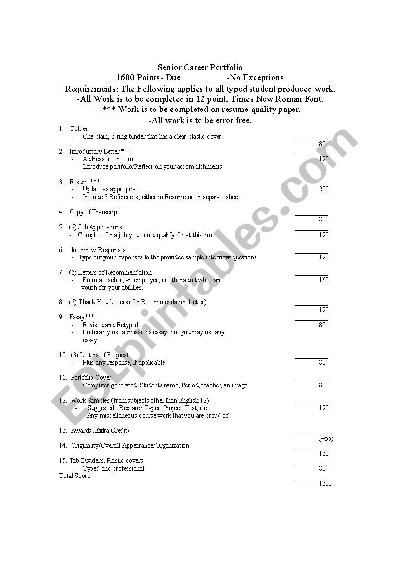 Senior Portfolio Checklist Eng 12