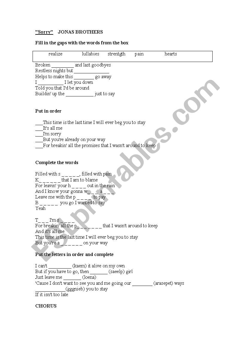 SORRY By Jonas Brothers worksheet