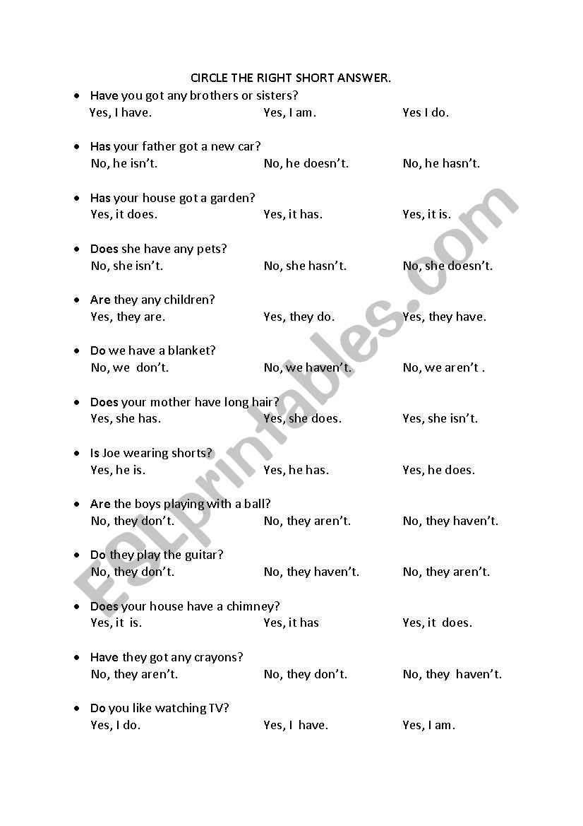 SHORT ANSWERS worksheet