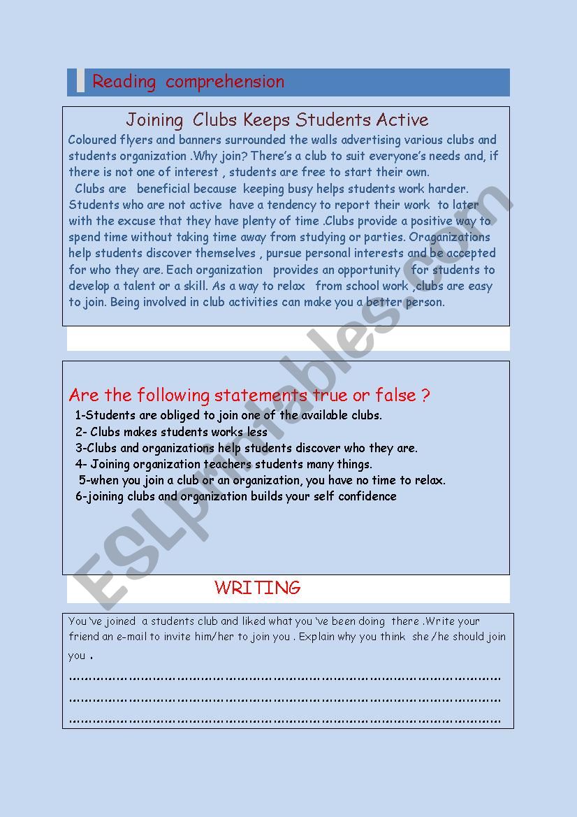 reading comprehension  worksheet