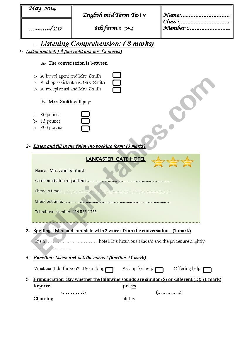 mid term test 3 8th form  worksheet
