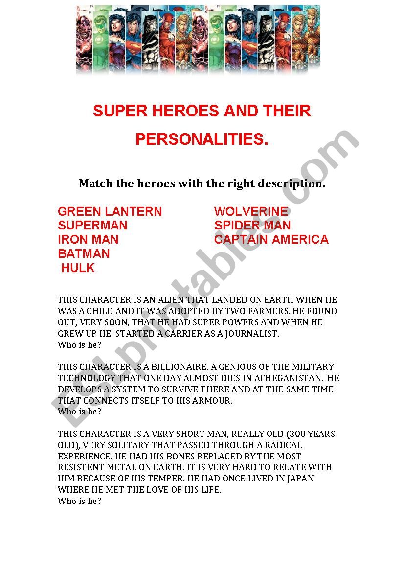 Superheroes and descriptions worksheet