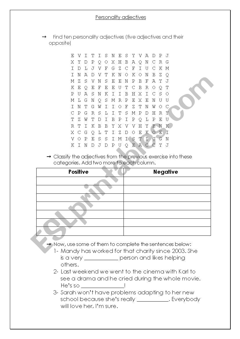 Personality adjectives worksheet