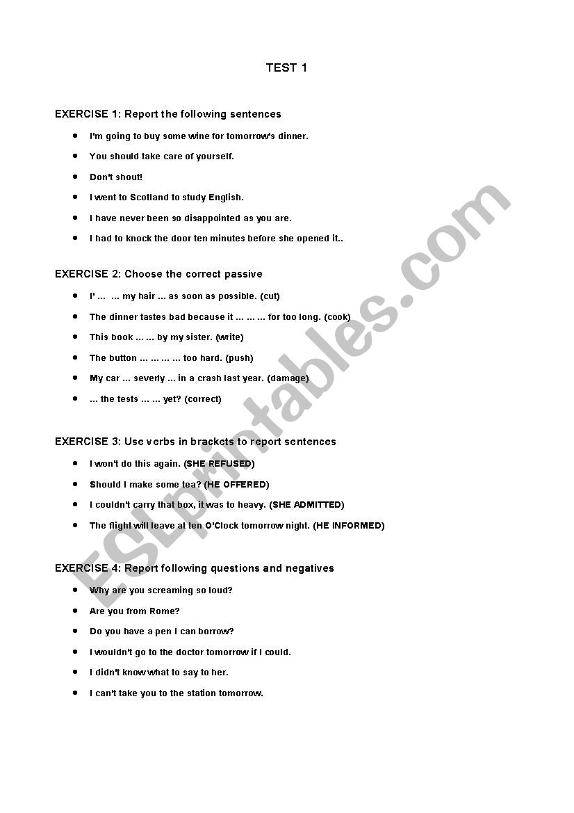 grammar test worksheet