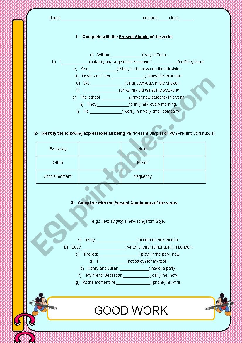 Present tenses- revisions worksheet