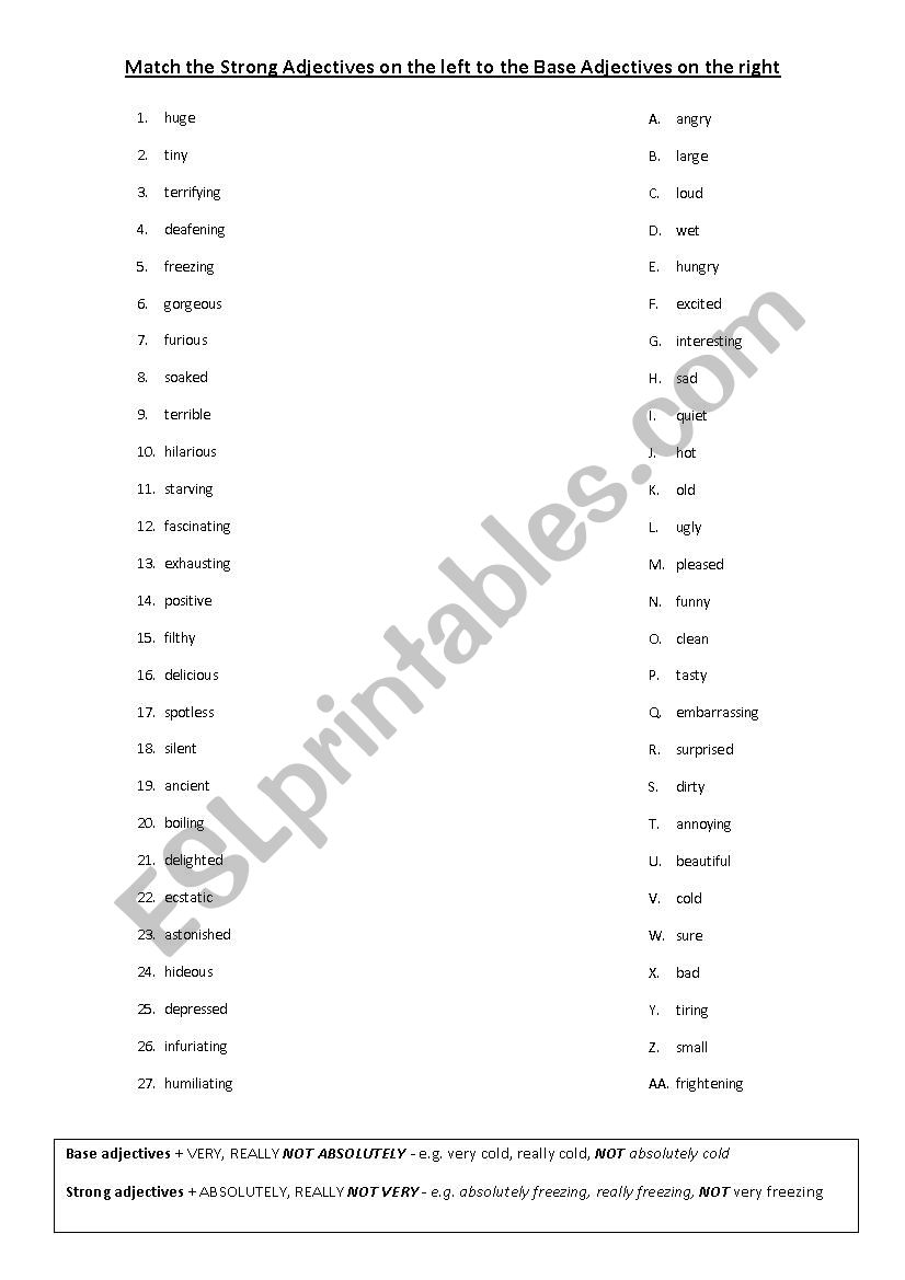 Base and Strong Adjective Matching Exercise