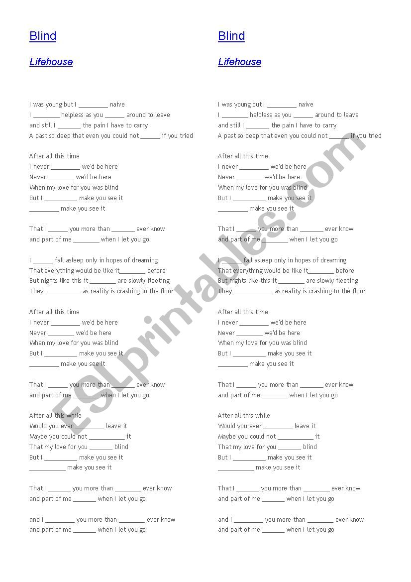 Blind by Lifehouse worksheet