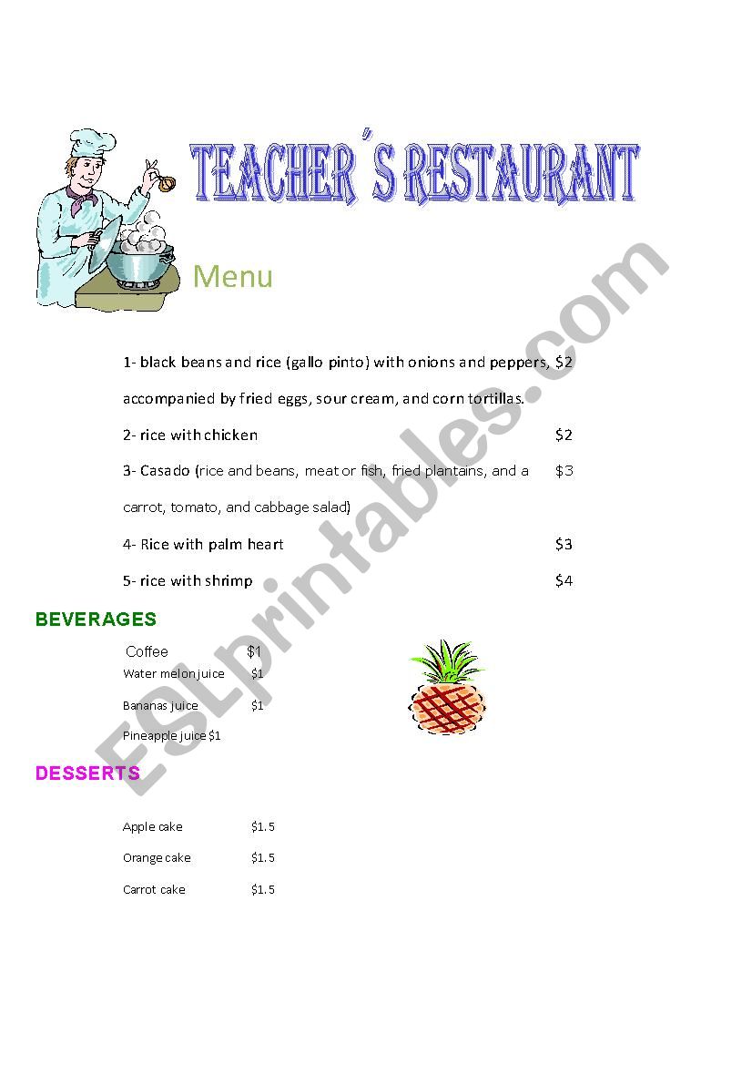 Costa Rican Menu worksheet