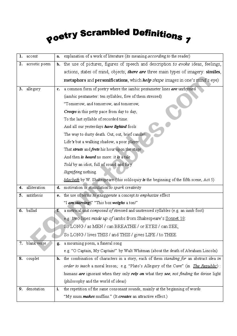 POETRY MATCHING CONCEPTS AND DEFINITIONS 1 WITH KEY