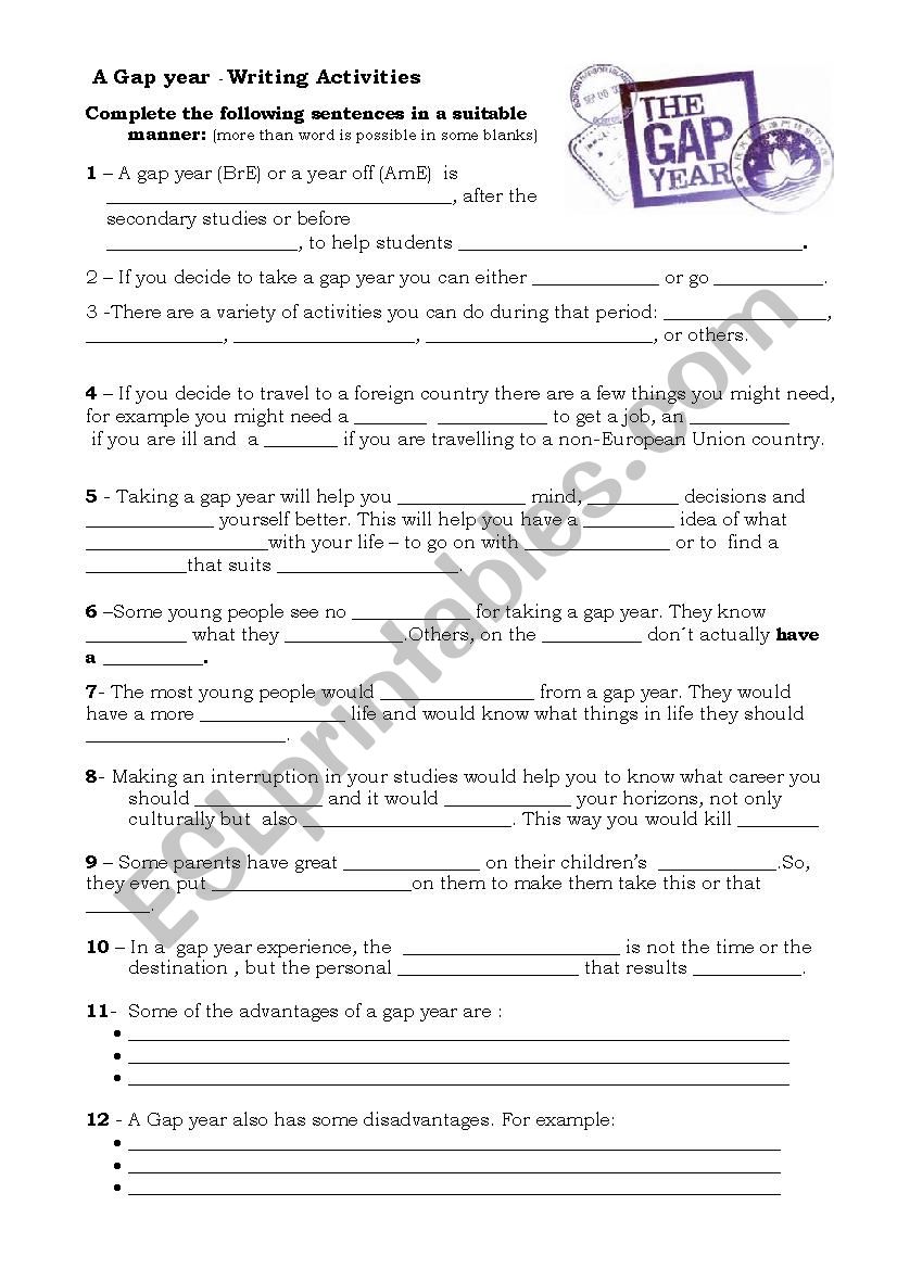 A Gap Year worksheet