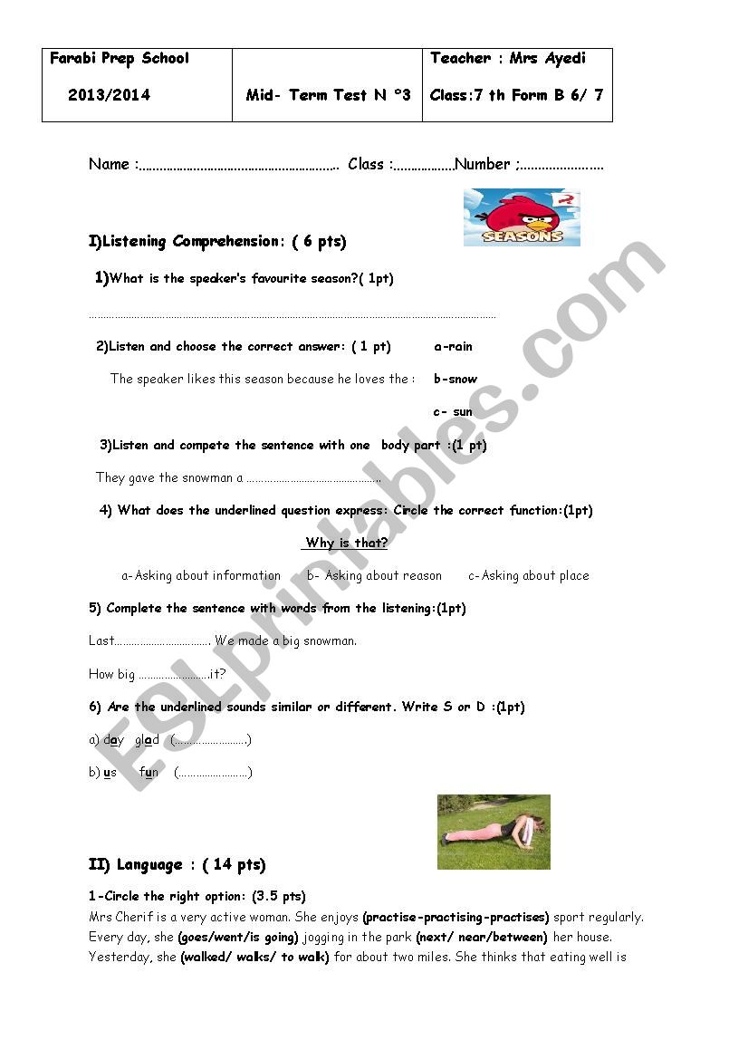 Mid-Term test N 3 for 7 th form