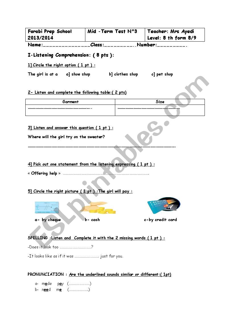 Mid term test n° 3 for 8 th form pupils Mid term test n° 3 for 8 th form pupils
