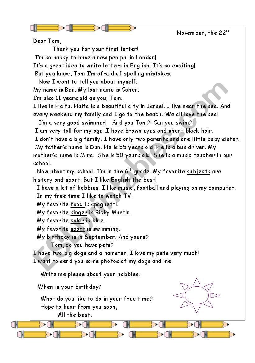 A letter to a pen friend worksheet