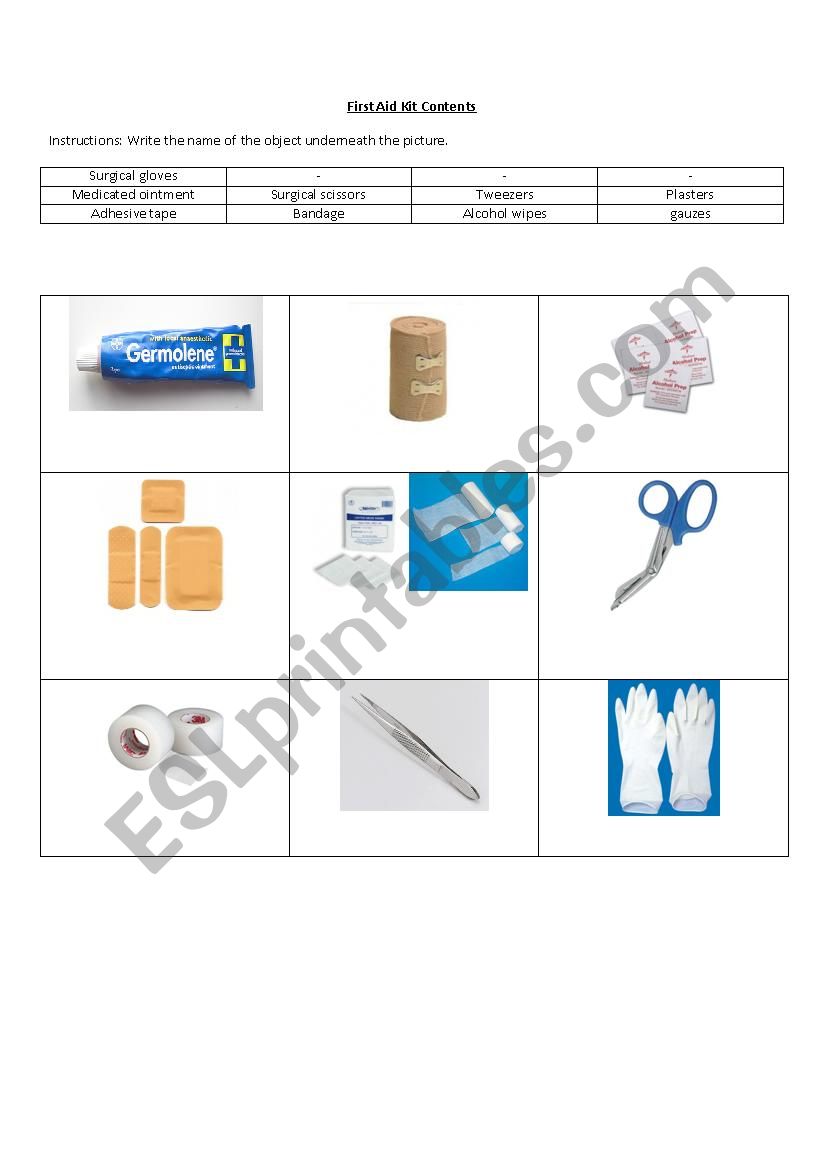 First Aid Kit Contents worksheet
