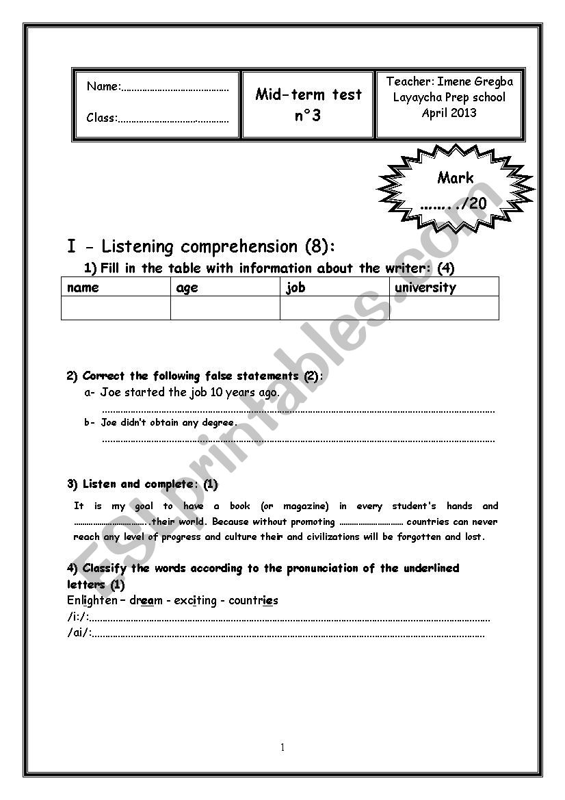 Mid Term Test n3 2nd form  worksheet