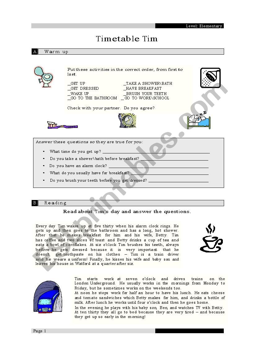 Time Table worksheet