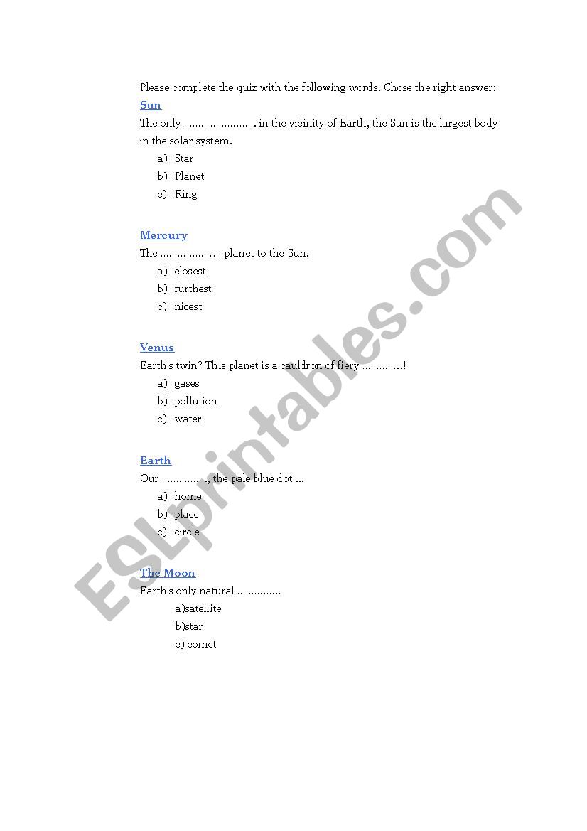 The solar system worksheet