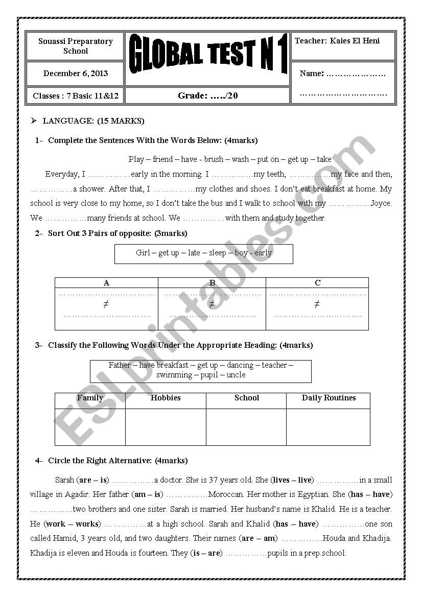 Global Test - ESL worksheet by Kaies