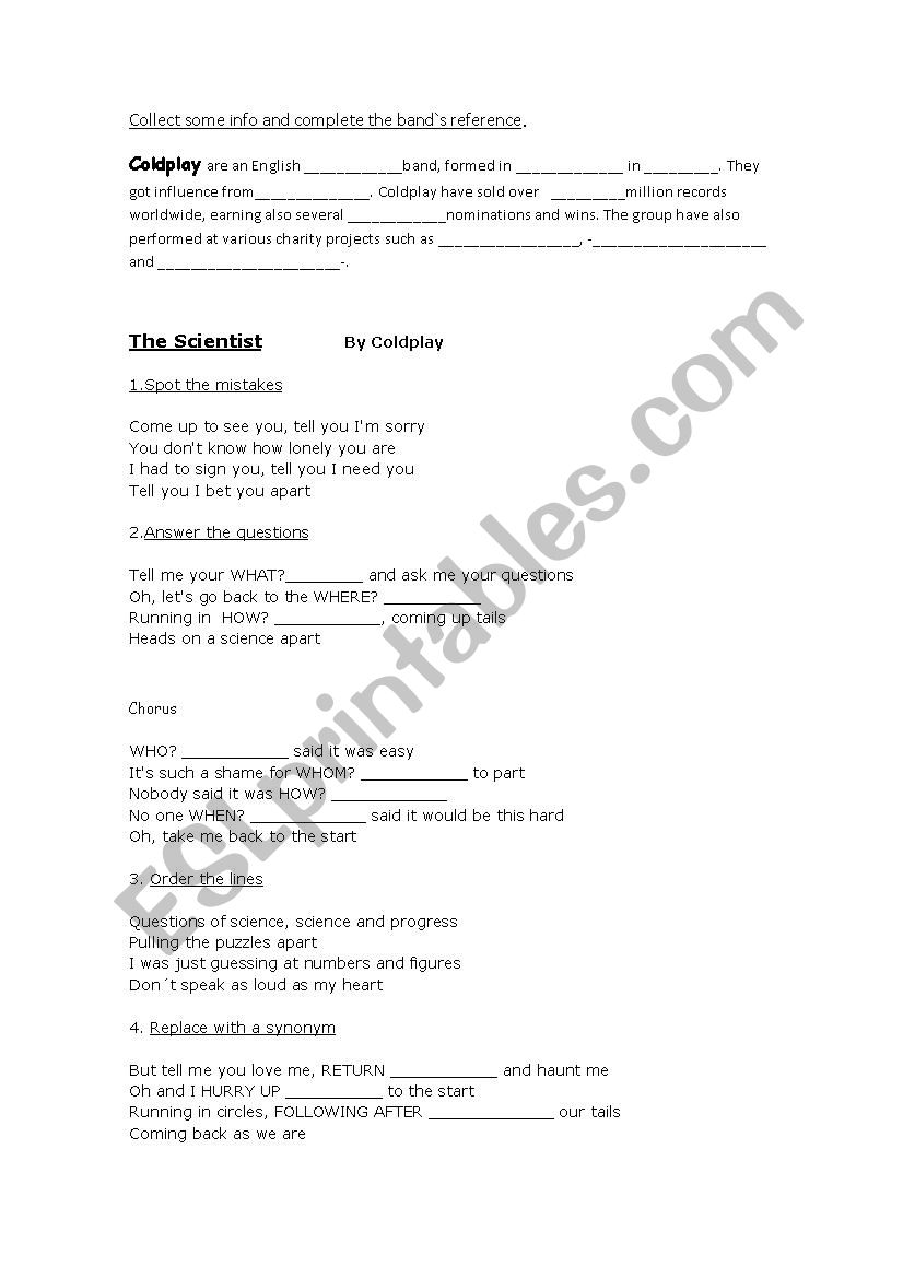 Coldplay- The Scientist worksheet