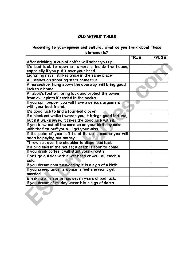 Old Wives Tales worksheet