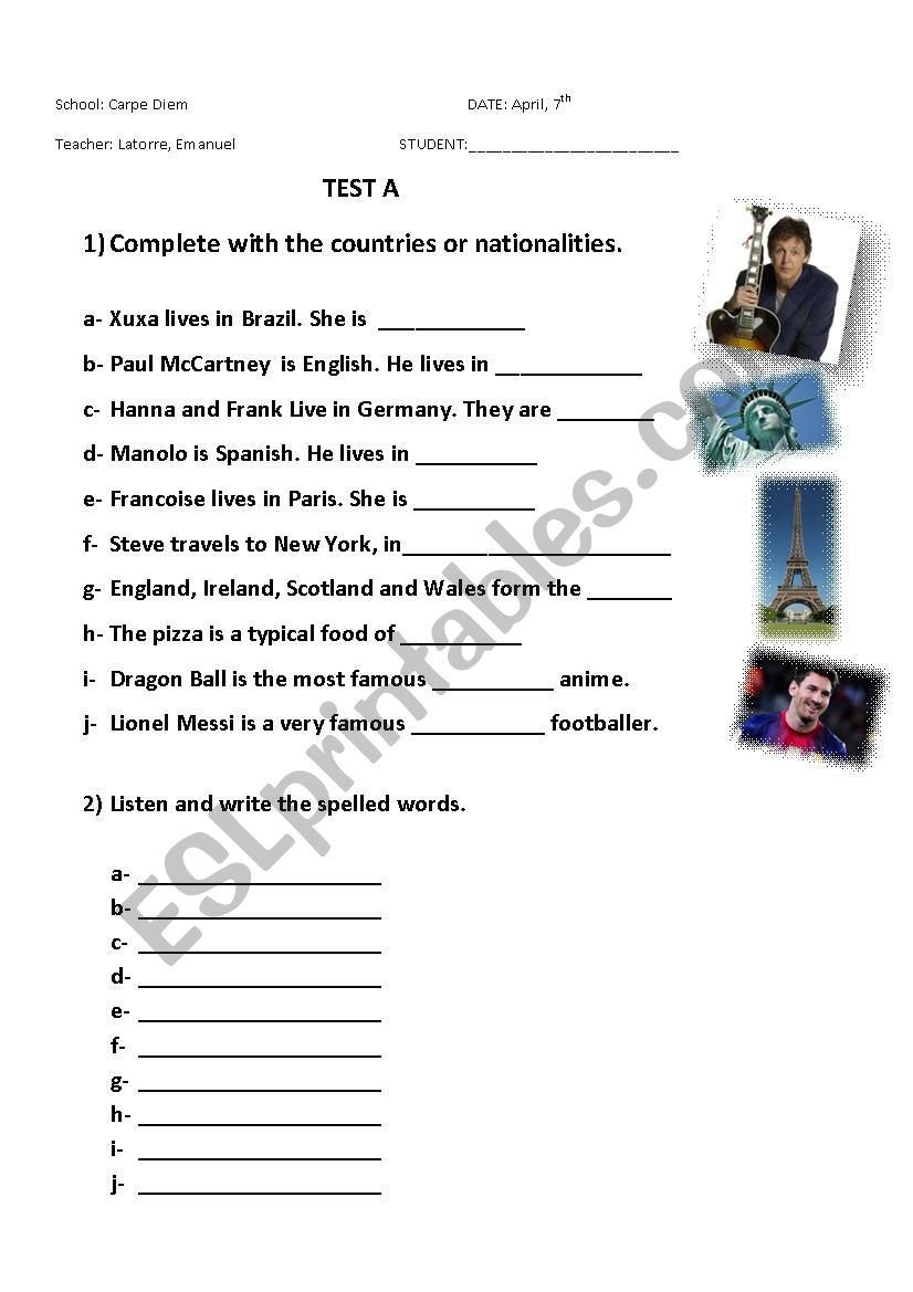 countries and nationalities  worksheet